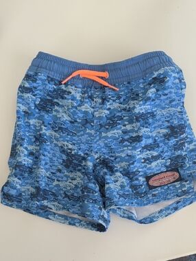 Vineyard Vines Blue Shark Camo Kids Swim Trunks with Neon Orange Drawstring